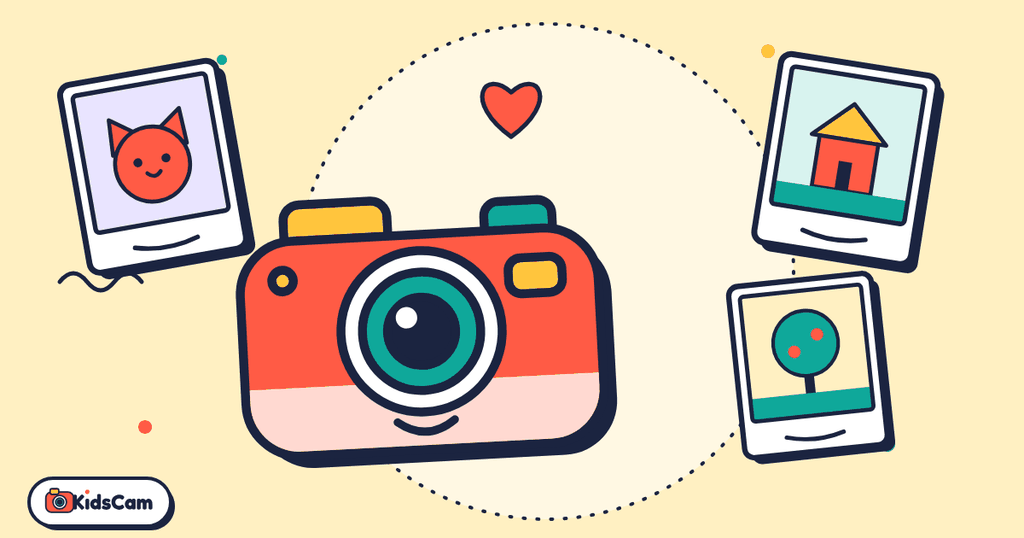 Illustration: Kinderkamera mit Fotos von Katze, Haus und Baum